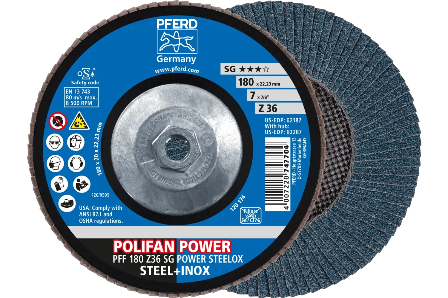 Picture of Pferd Flap Disc, 7" x 5/8-11, Z SG Power Steelox, 36 Grit, T27, Flat, Zirconia